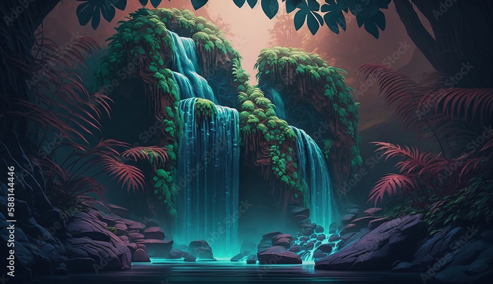 Fototapeta premium This image features a rainforest with a gradient of greens and blues. Created using generative AI