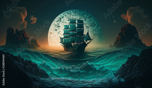 This image showcases a moonlit sea with a gradient of blues and greens. The focal point of the scene is a sailboat, adding a sense of adventure and exploration to the image. The image captures the bea