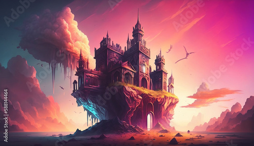 This image features a castle that seems to be floating in the sky, surrounded by a gradient of oranges and yellows that mimic a sunset. Created using generative AI
