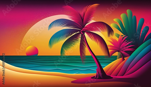 A tropical paradise  where the crystal clear waters lap gently at the white sandy beach  and a tall palm tree provides shade from the sun s intense rays.   created using generative AI