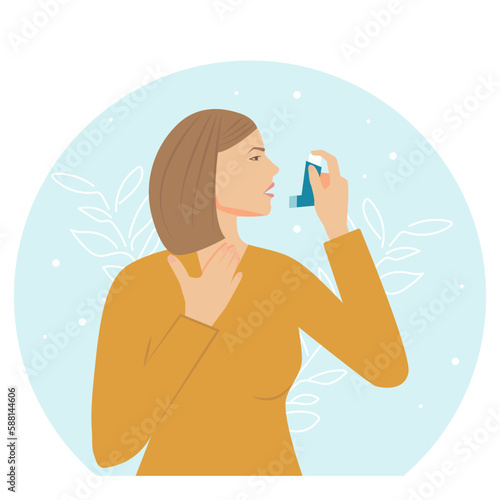 Woman uses an asthma inhaler against attack. World asthma day.Allergy, asthmatic. Inhalation medicine. Bronchial asthma.World asthma day. Vector flat concept illustration