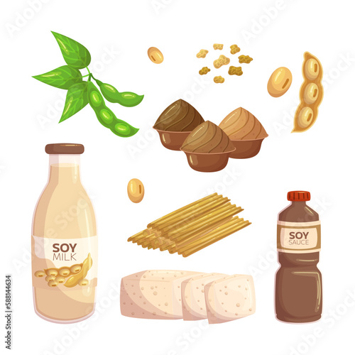 Soy Products Set, Consisting Of Tofu, Soy Milk, Soy Sauce, Tempeh, And Edamame, Isolated Icons Vegan Lifestyles
