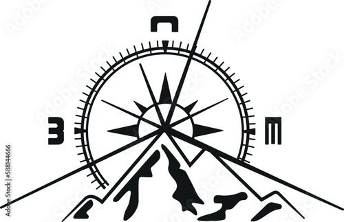 illustration of a compass partially covered by a range of mountains  set against a white backdrop, a symbol of camping life, travel and exploration. 