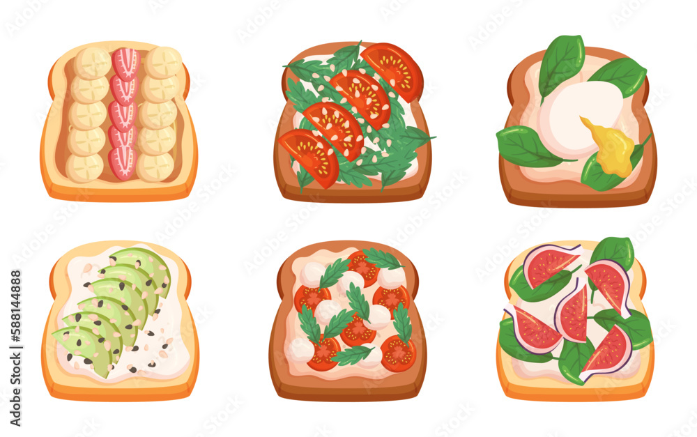 Sandwiches Set Features Different Fillings such as Tomatoes with Mozzarella and Greenery, Strawberry with Banana, Eggs Sandwiches Set Features Different Fillings such as Tomatoes with Mozzarella and Greenery, Strawberry with Banana, Eggs