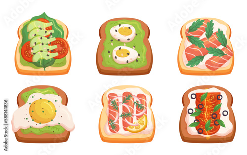Sandwiches Set With Variety Of Fillings as Avocado, Eggs, Salmon, Tomatoes, And Greens. Delicious And Diverse Selection