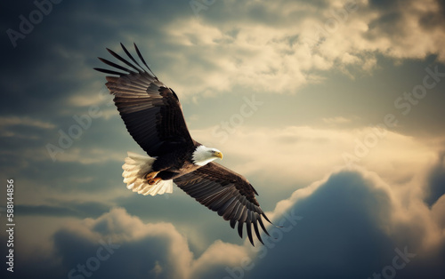 Bald eagle soaring in the sky with wings spread wide. The background is cloud. Generative AI © oksa_studio