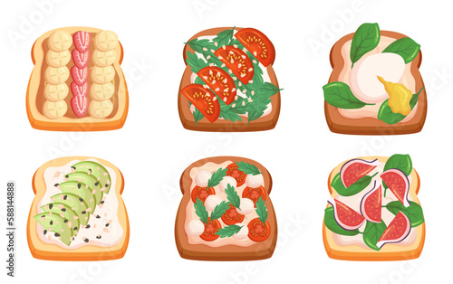 Sandwiches Set Features Different Fillings such as Tomatoes with Mozzarella and Greenery, Strawberry with Banana, Eggs