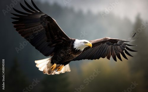 Bald eagle soaring in the sky with wings spread wide. The background is mountain. Generative AI © oksa_studio