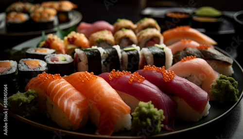 Fresh seafood plate nigiri, sashimi, maki sushi generated by AI