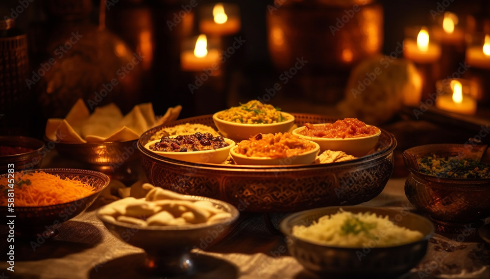 Indian culture celebrates spirituality through a candle lit feast generated by AI