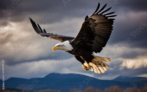Wallpaper Mural Bald eagle soaring in the sky with wings spread wide. The background is mountain. Generative AI Torontodigital.ca