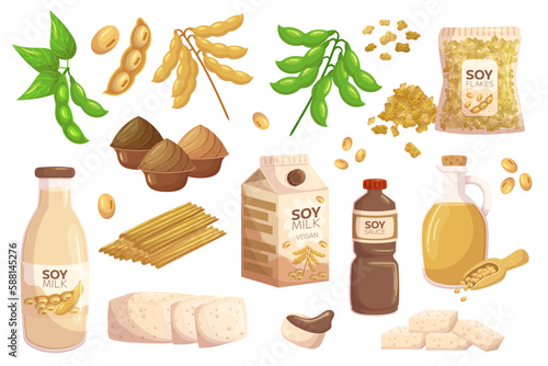 Set of Soy Products Containing Tofu, Soy Milk, Miso Paste, Soy Sauce, Oil and Flakes Ideal For Vegan, Vegetarian