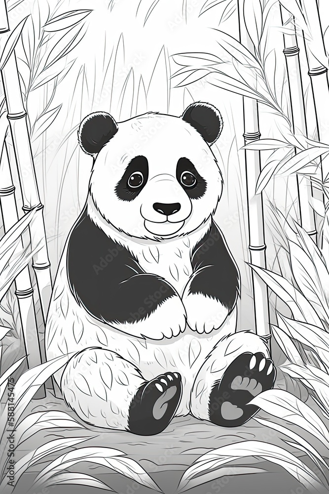 Cute cartoon panda. Black and white illustration for coloring book. Generative AI Cute cartoon panda. Black and white illustration for coloring book. Generative AI