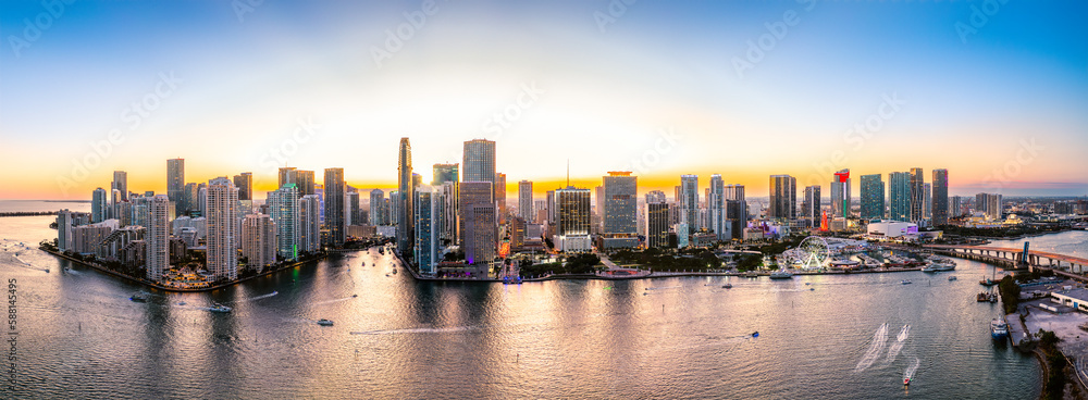 Fototapeta premium Aerial panorama of Miami, Florida at dusk. Miami is a majority-minority city and a major center and leader in finance, commerce, culture, arts, and international trade.