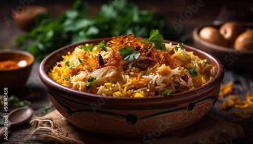 Healthy vegetarian meal Basmati rice with vegetable curry generated by AI