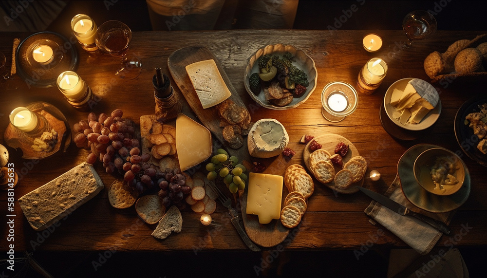Rustic still life Gourmet cheese, wine, bread generated by AI