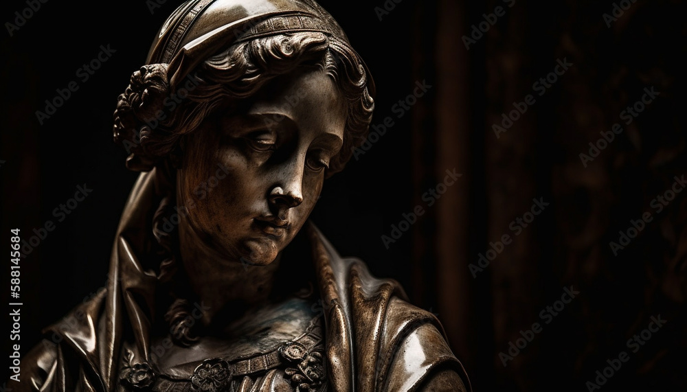 Praying men in close up of religious statue generated by AI Praying men in close up of religious statue generated by AI