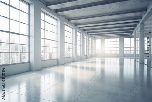 Illustration of an empty room with ample natural light and tiled flooring. Generative AI