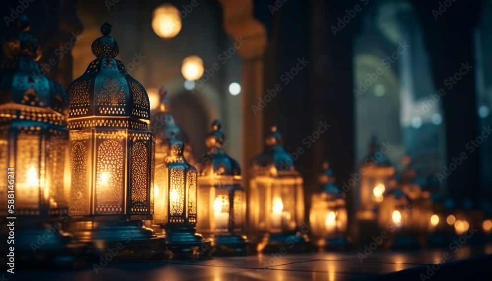 Glowing candle illuminates ornate Arabic traditions indoors generated by AI