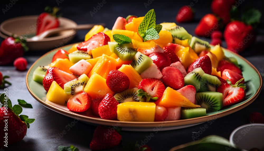 Fresh fruit salad colorful, healthy and delicious generated by AI Fresh fruit salad colorful, healthy and delicious generated by AI