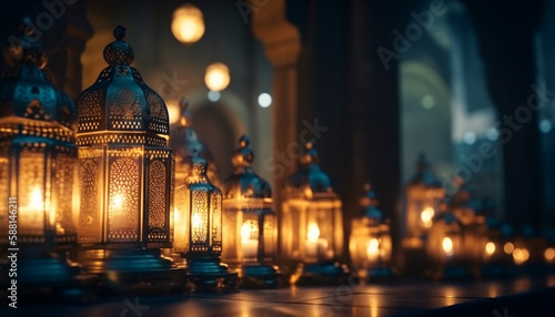 Glowing candle illuminates ornate Arabic traditions indoors generated by AI