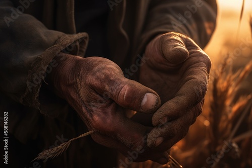 Closeup of a farmer's hand touching the top of a wheat stalk, while sun rays are breaking through the sunset in the background Generative AI © ChaoticMind