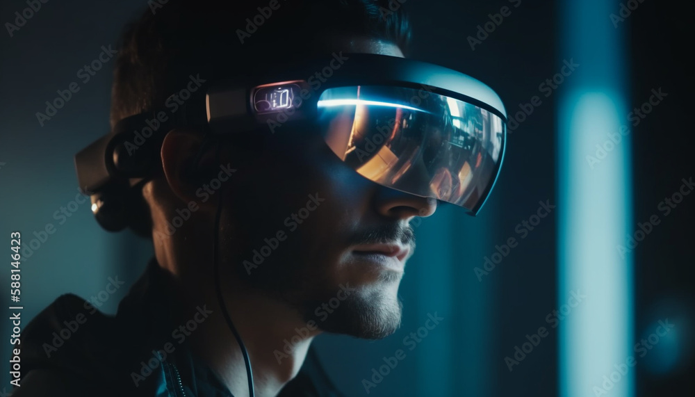 Virtual reality innovation young man using headset generated by AI Virtual reality innovation young man using headset generated by AI