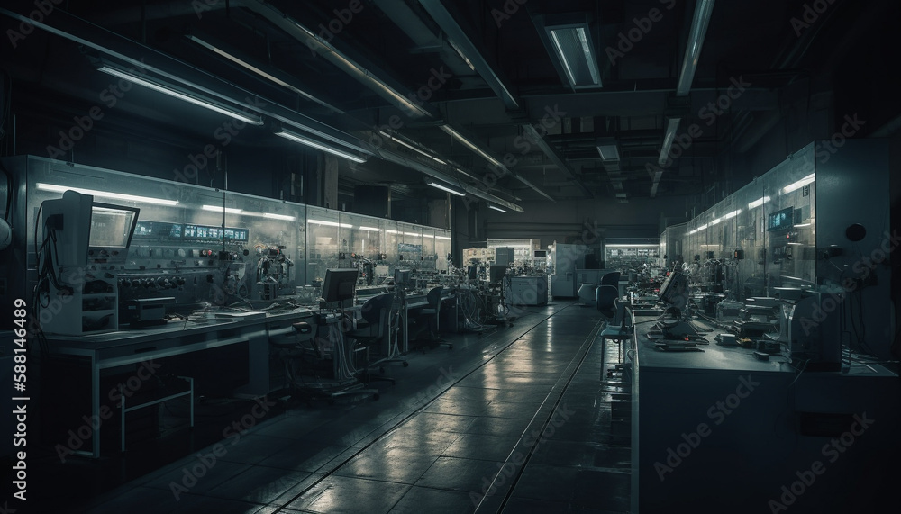 Futuristic machinery illuminates modern factory at night generated by AI
