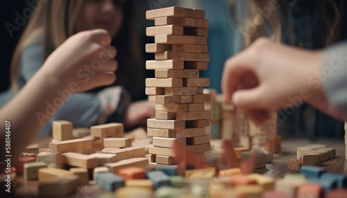 Creative children constructing toy blocks together for fun generated by AI