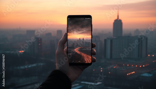 Hand holding smart phone captures city skyline generated by AI