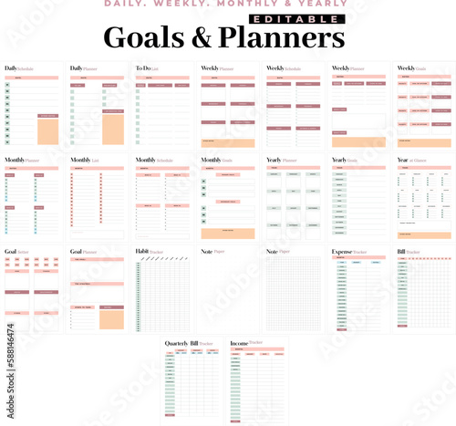 Editable Goals and Planner template with pastel colors,
‣ 23 pages, 
‣ Daily, weekly, monthly & Yearly planner, 
‣ Goals setter, Habit tracker. Expense, Bill and Income tracker.