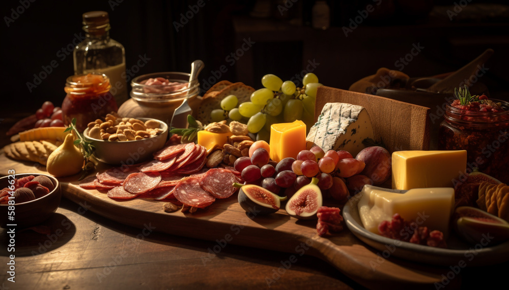 Rustic plate of gourmet meats and cheese generated by AI