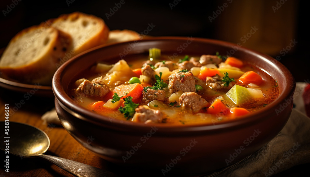Braised beef stew with cooked fresh vegetables generated by AI Braised beef stew with cooked fresh vegetables generated by AI