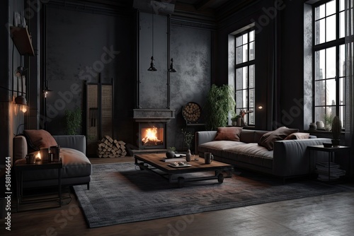 Cozy Living Room with Fireplace and Furniture. Generative AI