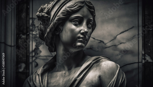 Sadness and grief on old statue face generated by AI