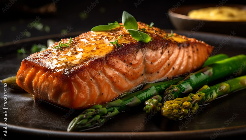 Grilled salmon and asparagus plate, fresh and healthy generated by AI Grilled salmon and asparagus plate, fresh and healthy generated by AI