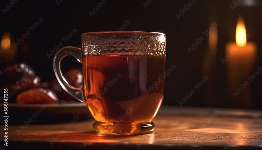 Hot coffee on wooden table in darkness generated by AI Hot coffee on wooden table in darkness generated by AI