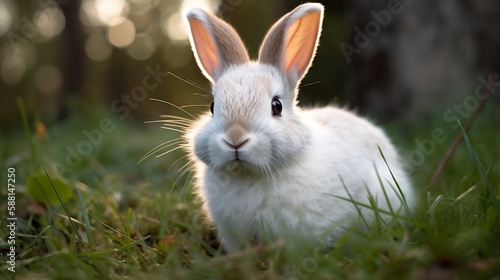 Сute realistic rabbit on the grass. Generative Ai. © LeveL4