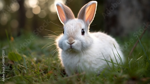 Сute realistic rabbit on the grass. Generative Ai.