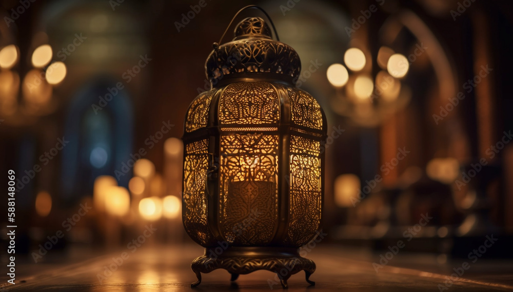 Ramadan lantern illuminates ancient arabic architecture at night generated by AI Ramadan lantern illuminates ancient arabic architecture at night generated by AI