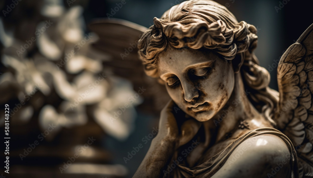 Praying women mourn at gothic grave statues generated by AI