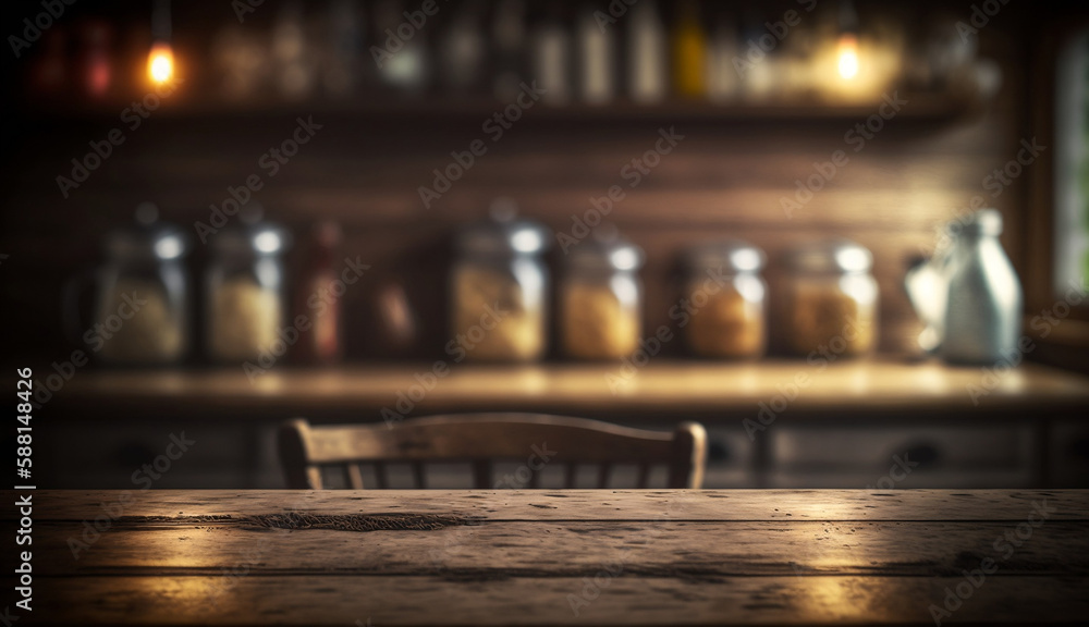 Empty wooden table top with lights bokeh on blur kitchen background.
