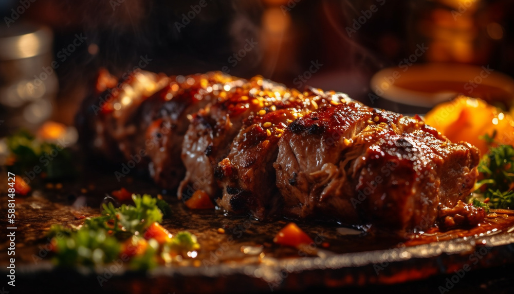 Grilled meats with savory sauce a gourmet feast generated by AI