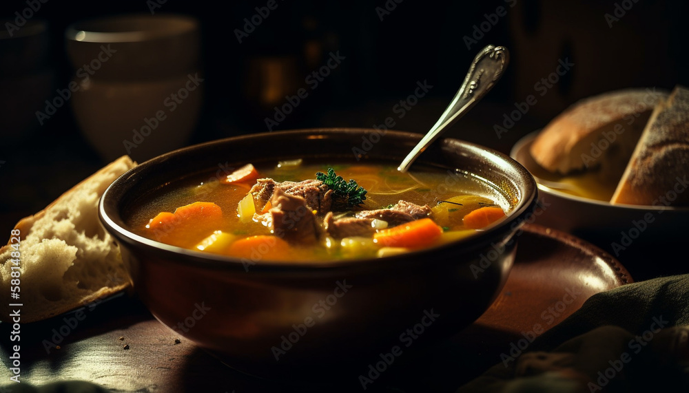 Fresh vegetable soup with braised beef stew generated by AI Fresh vegetable soup with braised beef stew generated by AI