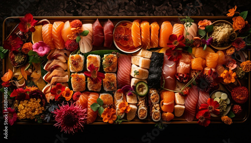 Colorful sushi tray showcases Japanese culinary culture generated by AI