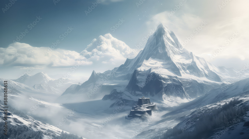 Breathtaking snowy mountain peak with serene white landscape