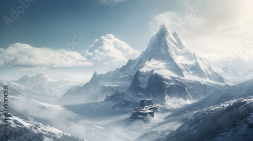 Breathtaking snowy mountain peak with serene white landscape