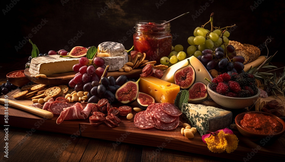 Healthy meat, fruit, and cheese appetizer plate generated by AI