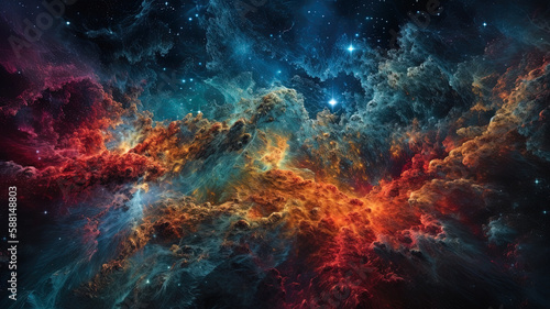 View in outer space far in the universe of swirling galaxies, nebulae, and stars against blackness.
