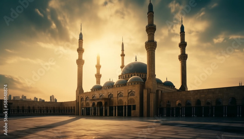 Majestic minaret illuminates ancient blue mosque silhouette generated by AI